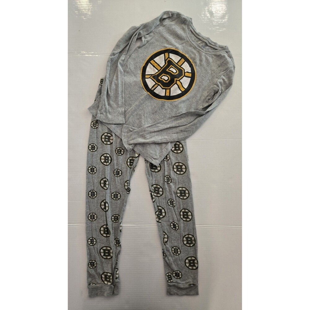 NHL Boston Bruins Boys 2pc Pajama Set Gray Cotton Knit Long Sleeve Snug M